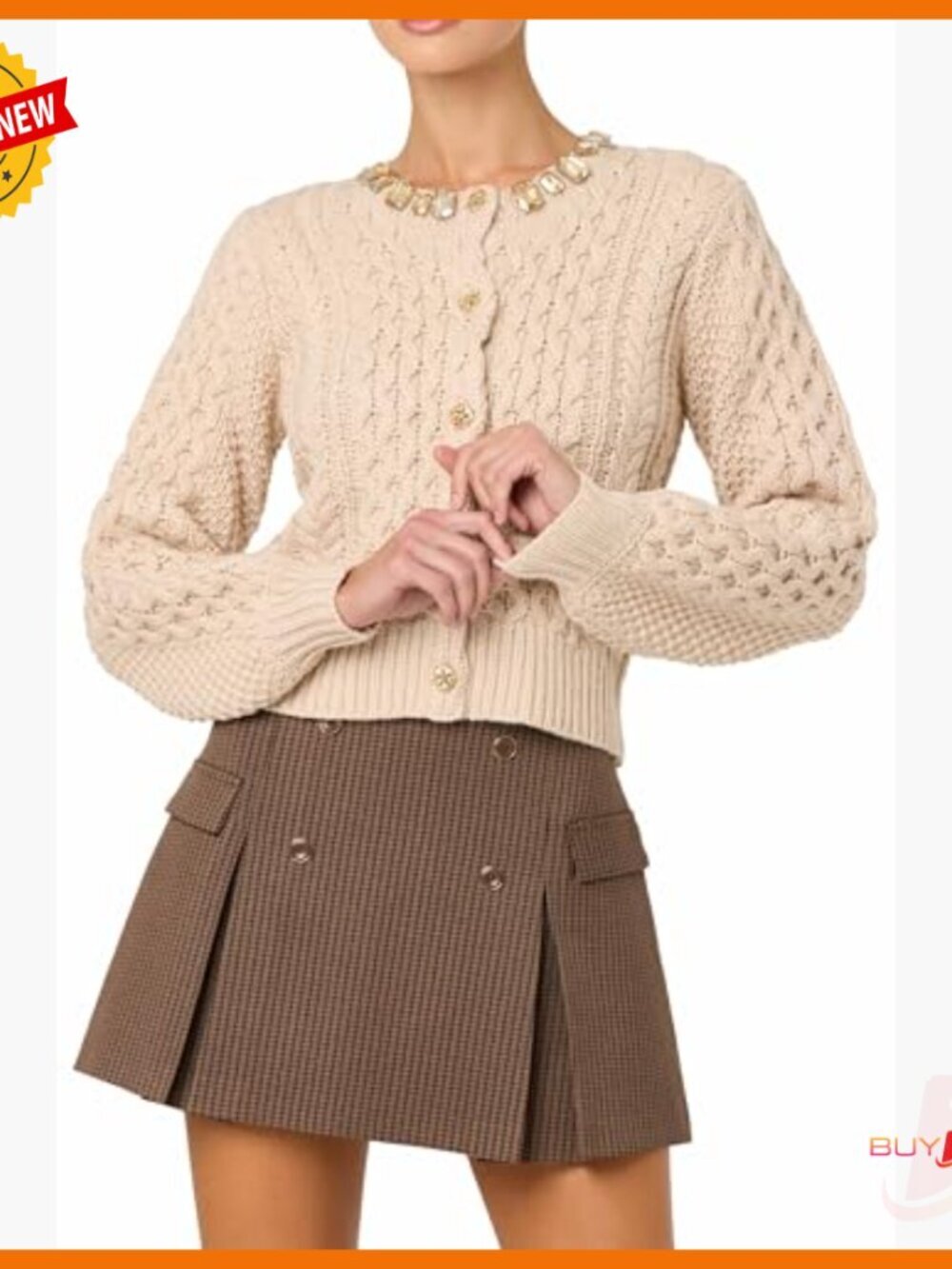 Cable Knit Cardigan with Balloon Sleeves and Jeweled Buttons - Picture 3 of 3